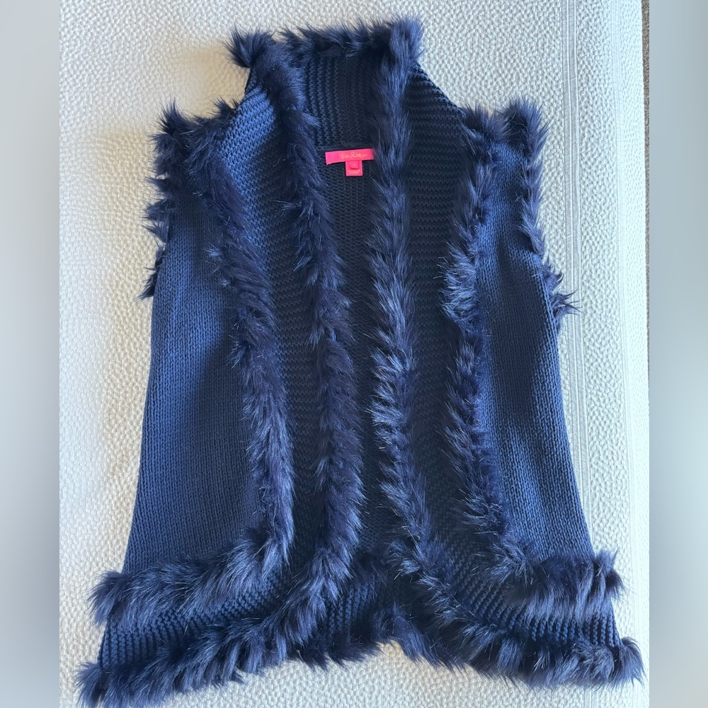 Lilly Pulitzer Dark Blue/Navy Vest Open Front Faux Fur Trim